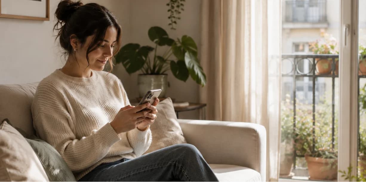 Mujer consultando el móvil en el sofá de su casa
