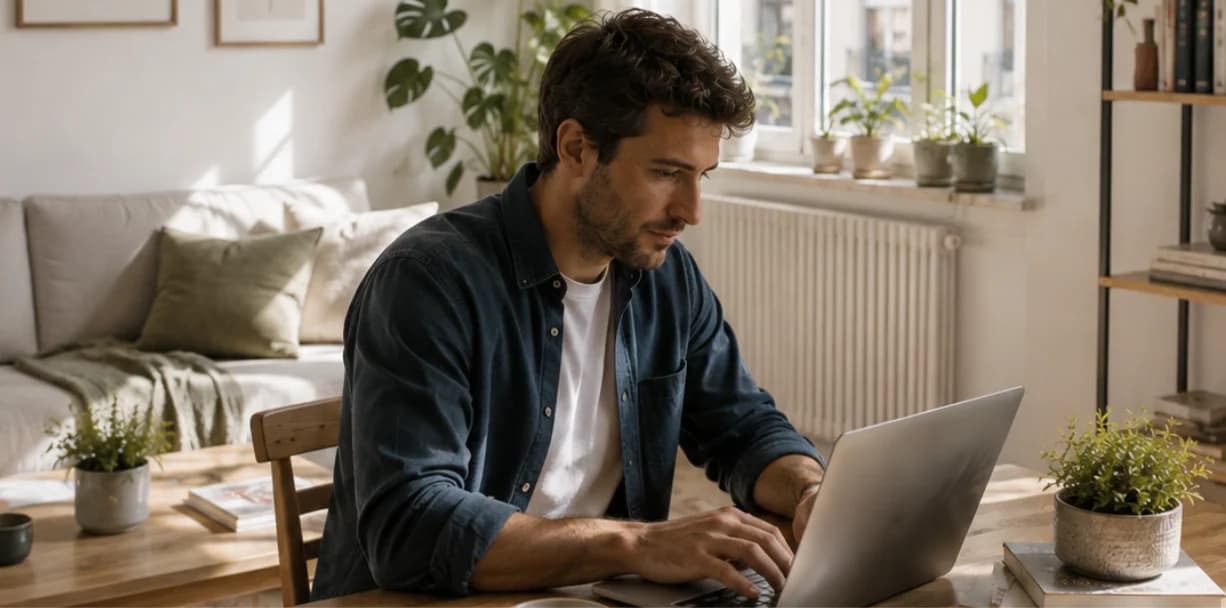 Hombre trabajando con el portátil en el salón de su casa