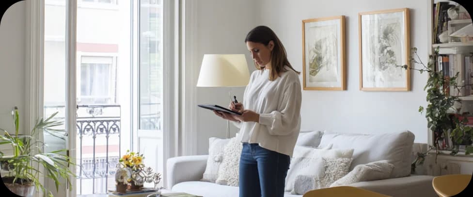 Mujer tomando notas en el salón de su vivienda